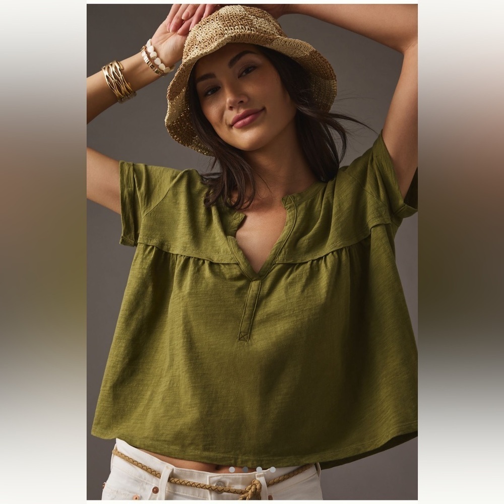 Anthropologie Pilcro Babydoll Henley Tee Green XXS Cotton Flowy